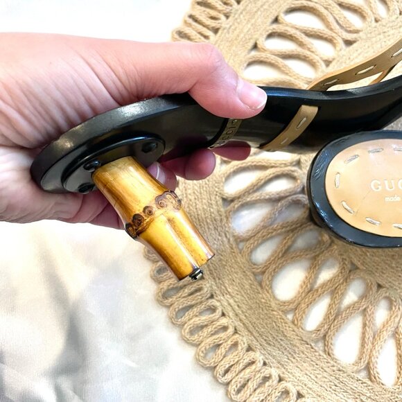 Gucci x Tom Ford Collection Tan Black Leather Bamboo Open Toe Slide Heels Size 9 - Picture 7 of 9